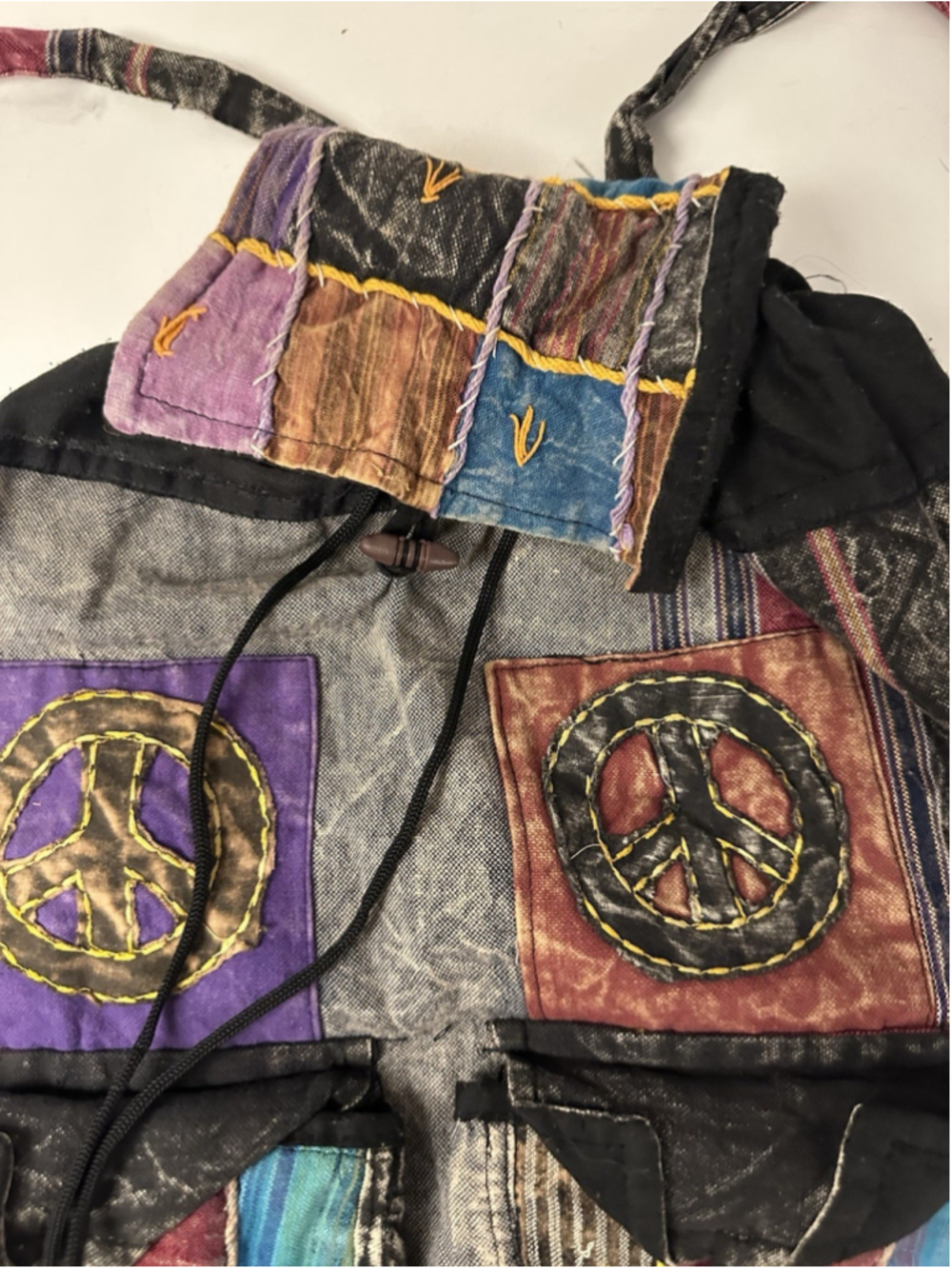 Boho Hippie Patchwork Drawstring Backpack Shoulder Bag Peace Sign Multi-Color - Picture 4 of 5